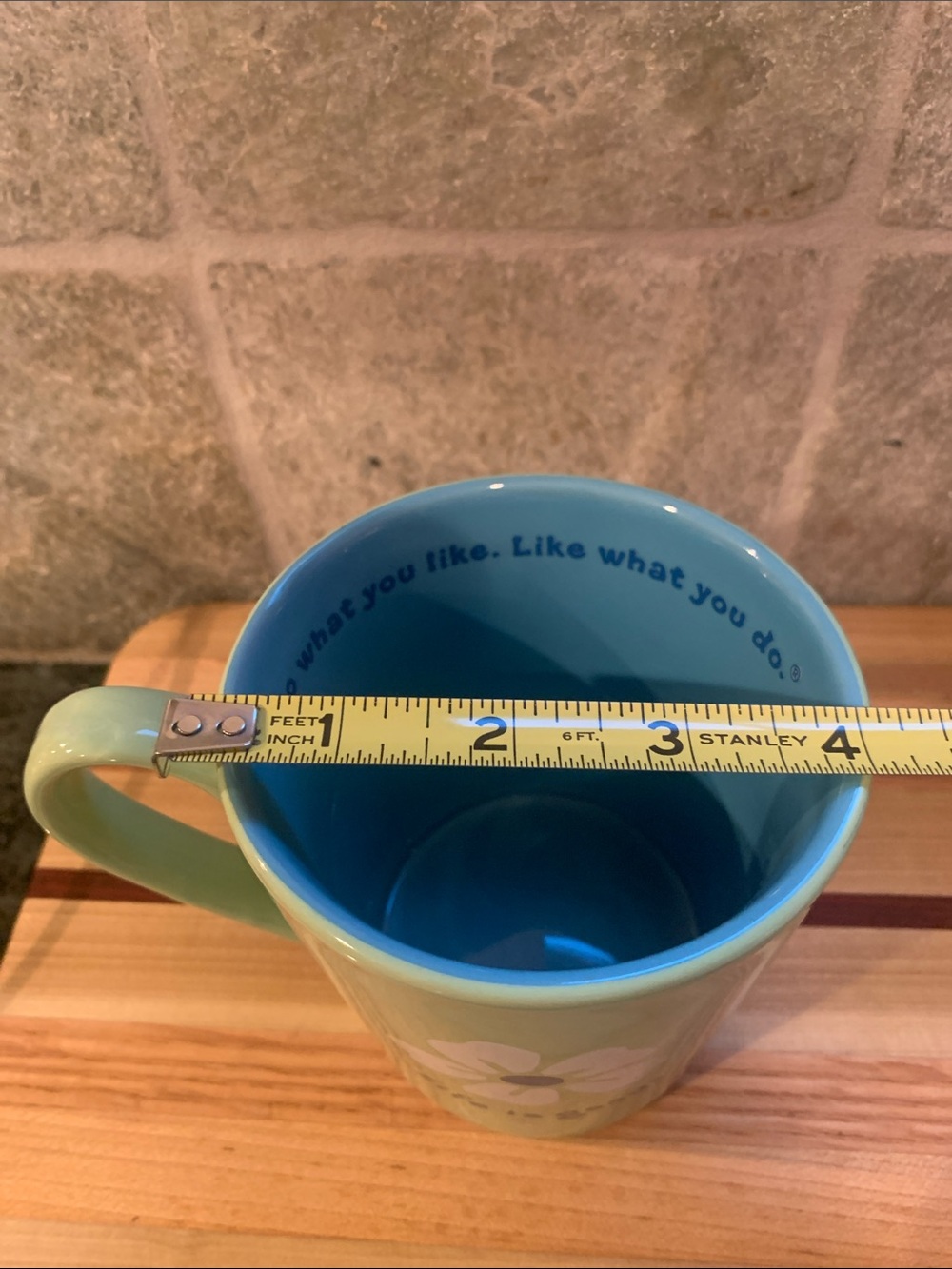 Life Is Good Light Green Ceramic Mug with Blue Interior and White Flower - Picture 7 of 7